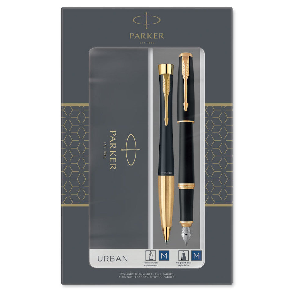 Parker Urban Ballpoint & Fountain Pen Duo Gift Set Metal Black with Gold Trim by Parker at Cult Pens