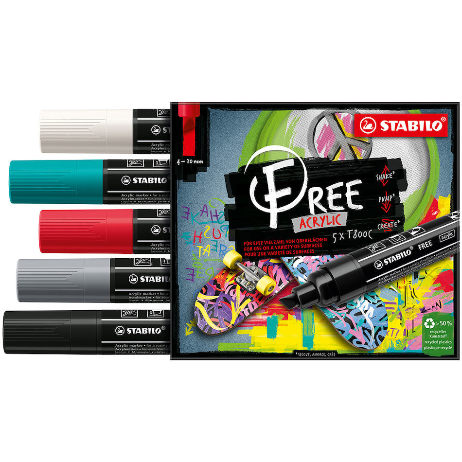 STABILO FREE T800C Acrylic Marker Pen Chisel Tip 4-10mm Wallet of 5 by STABILO at Cult Pens