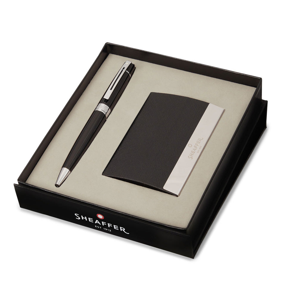 Sheaffer 100 G9338 Ballpoint Pen Glossy Black Lacquer with Chrome Trim and Business Card Holder Set by Sheaffer at Cult Pens