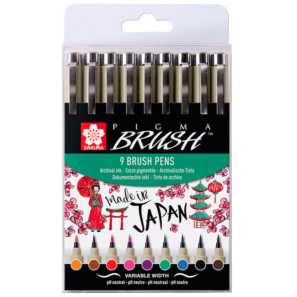 Sakura Pigma Brush Pen Set of 9 Assorted Colours by Sakura at Cult Pens