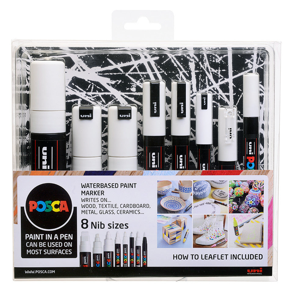 Uni POSCA Marker Pen Set of 8 Assorted Tips White by Uni at Cult Pens