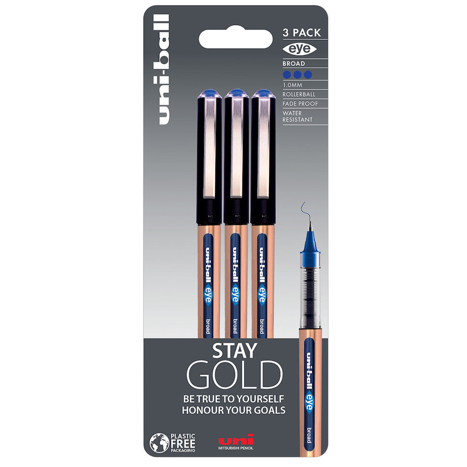 Uni-ball On Point Stay Gold Broad Rollerball Handwriting Pens 3 Pack Blue by Uni at Cult Pens