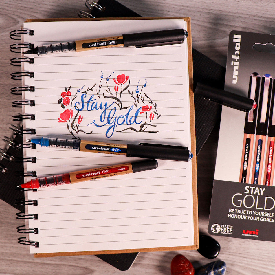 Uni-ball On Point Stay Gold Broad Rollerball Handwriting Pens 3 Pack Assorted by Uni at Cult Pens