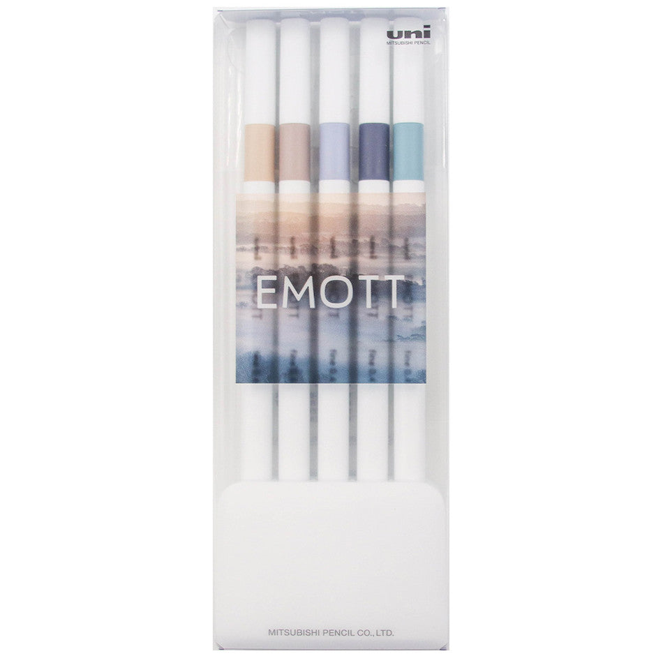 UNI EMOTT 5-delige Stiften Set – Natuurkleuren, 0,4 Mm, Waterbasis, Waterbestendige Pigmentinkt, In Handige Koffer