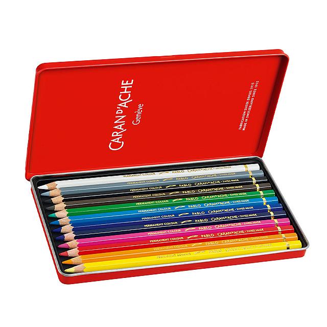 Caran d'Ache Pablo Artists Permanent Colour Pencil Assorted Tin of 12 by Caran d'Ache at Cult Pens