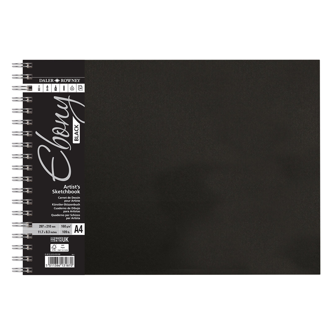 Daler-Rowney Ebony Wirebound Sketchbook A4 Landscape Black Paper 160G 40 Sheets