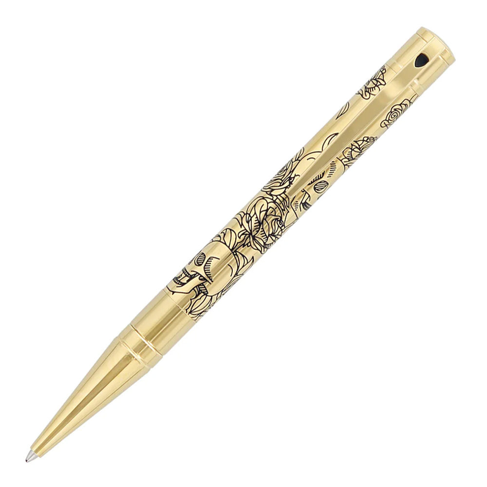 S.T. Dupont D-Initial Ballpoint Pen Black/Golden Lacquer Tattoo Skulls & Roses by S.T. Dupont at Cult Pens