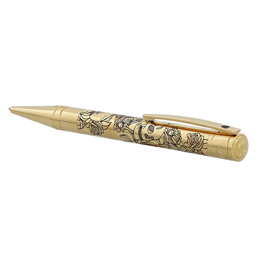 S.T. Dupont D-Initial Ballpoint Pen Black/Golden Lacquer Tattoo Skulls & Roses by S.T. Dupont at Cult Pens