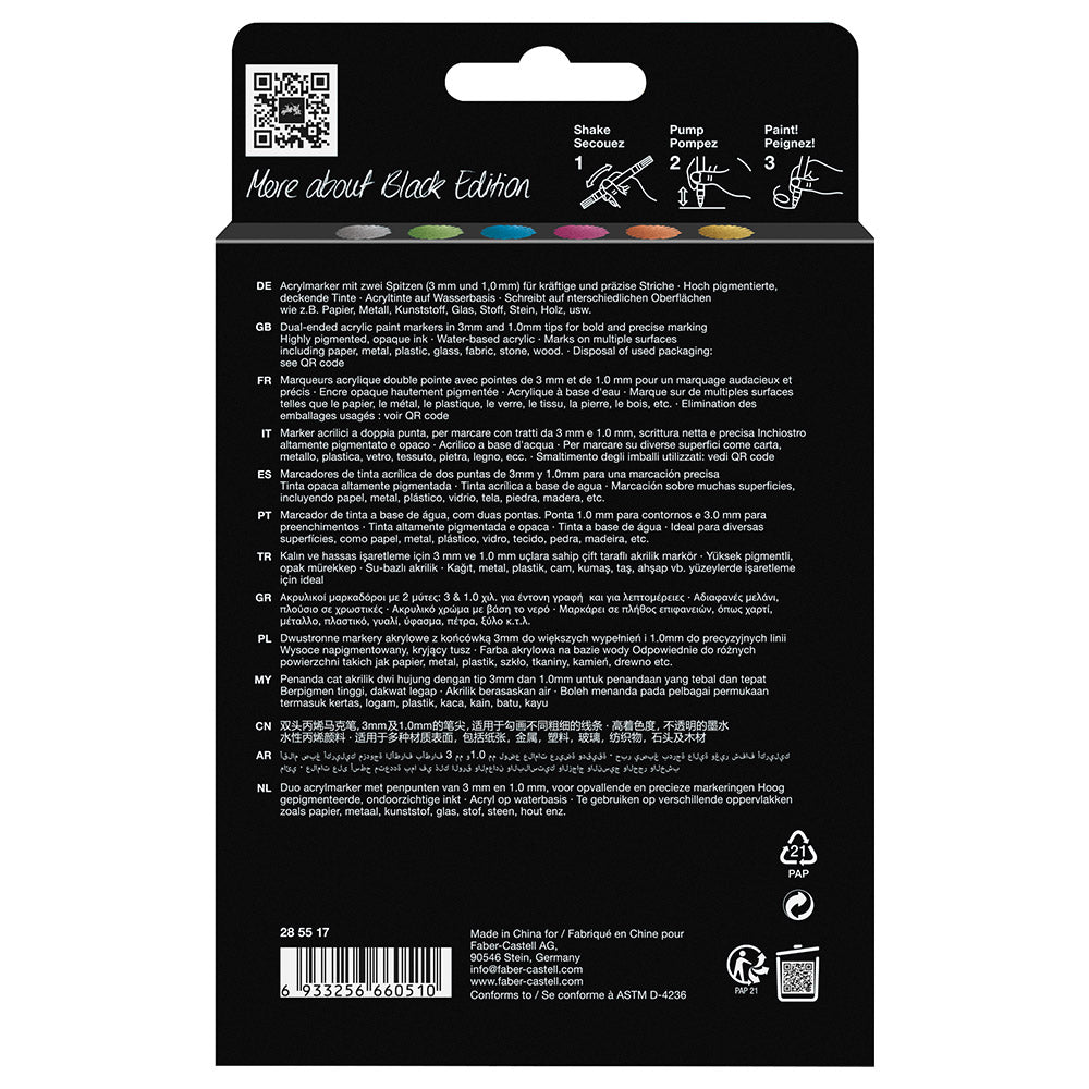 Faber-Castell Black Edition Shake & Paint Acrylic Markers Metallic Colours Set of 6