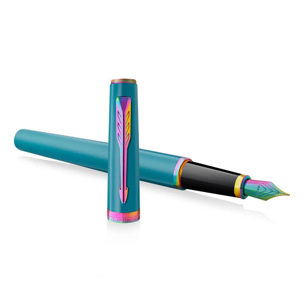 Parker Meridian Fountain Pen Teal Lacquer with Rainbow Trim