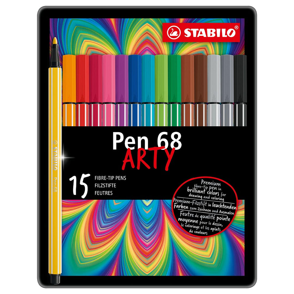 STABILO Premium Fibre-Tip Pen Pen 68 - ARTY - Tin of 66 - Assorted Colours