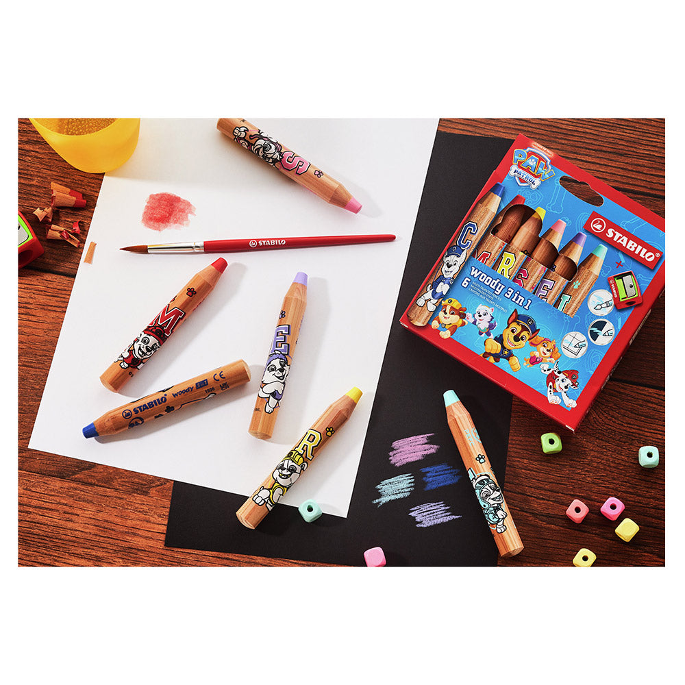 STABILO woody 3-in-1 PAW Patrol Set of 6 Assorted Colours with Sharpener