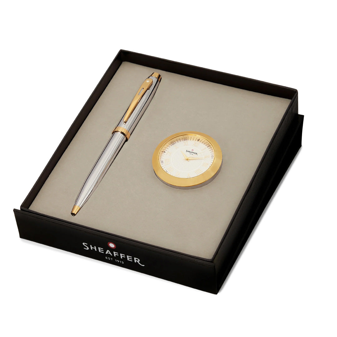 Sheaffer 100 G9340 Ballpoint Pen Bright Chrome With Gold Tone Trim With Gold Plated Table Clock