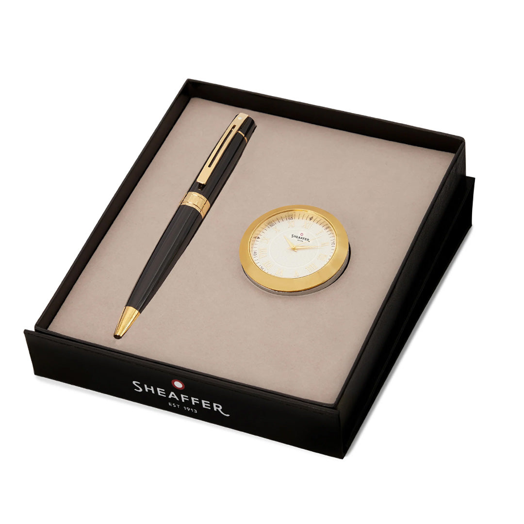 Sheaffer 300 G9325 Ballpoint Pen Glossy Black With Gold Tone Trim With Gold Plated Table Clock