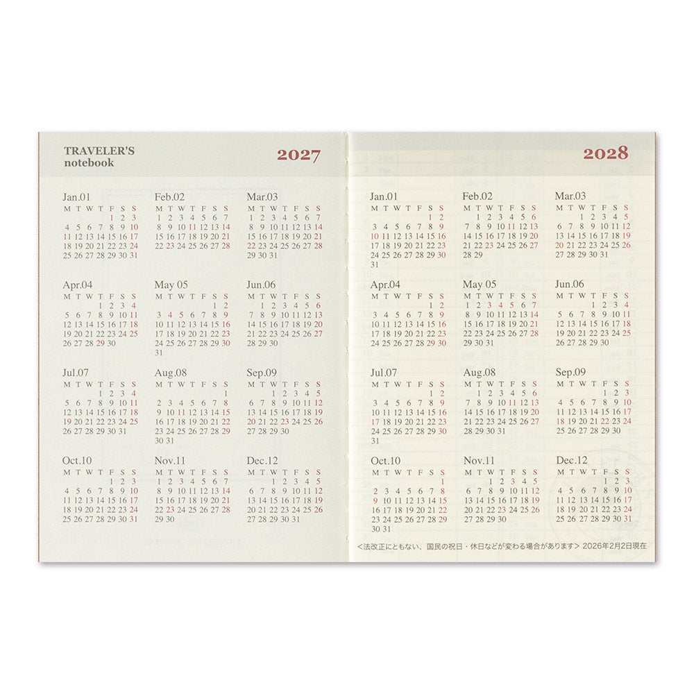 TRAVELER'S Company 2027 Notebook Passport Size Refill Weekly