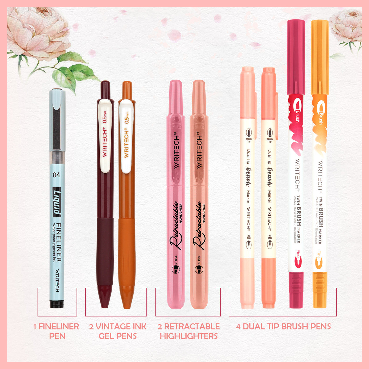 WRITECH 9 Piece Journal Kit with Pencil Case Red and Pink