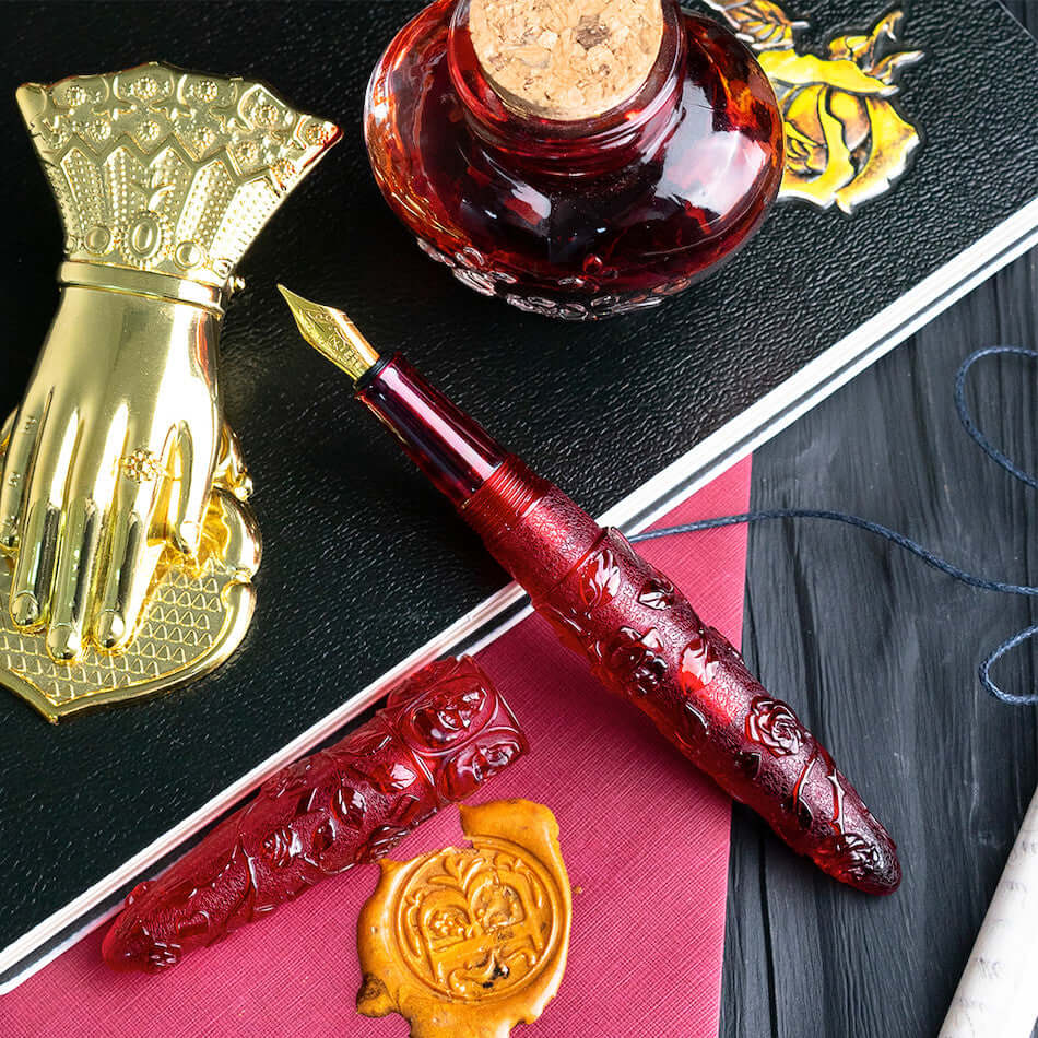 Benu Skull & Roses Fountain Pen Red Rose by Benu at Cult Pens