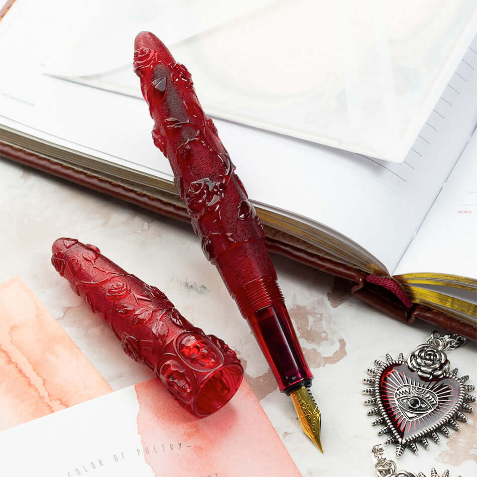 Benu Skull & Roses Fountain Pen Red Rose by Benu at Cult Pens