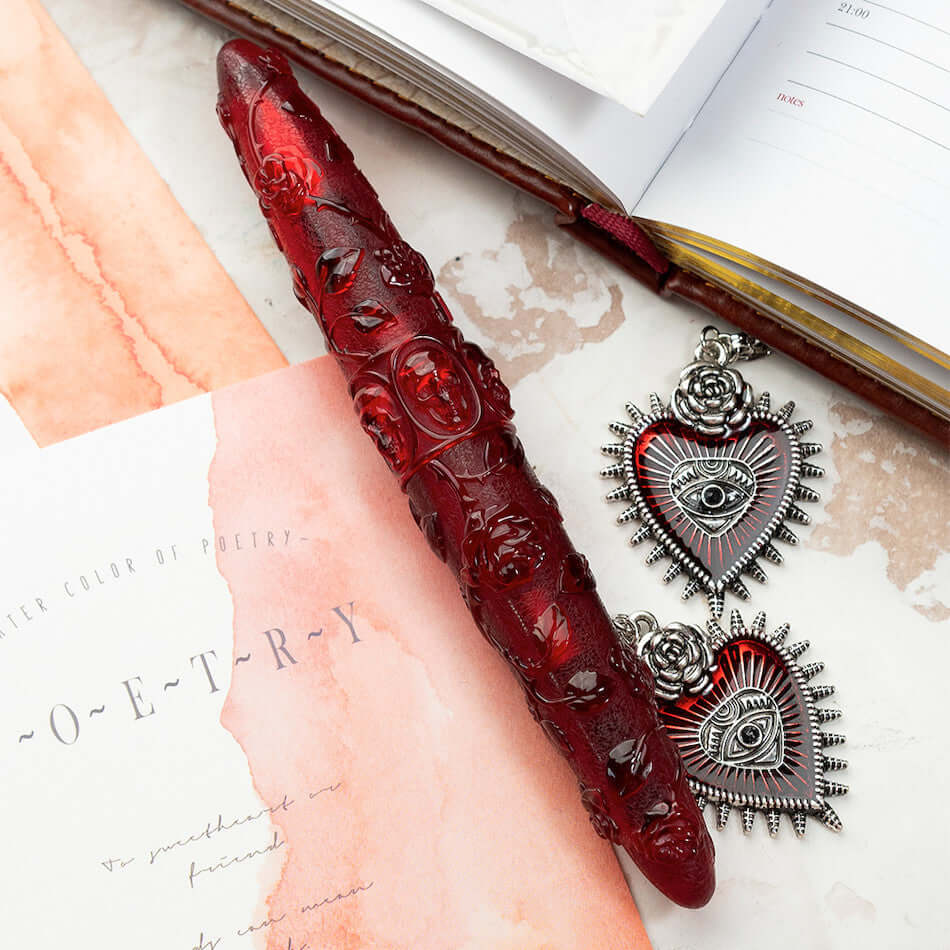 Benu Skull & Roses Fountain Pen Red Rose by Benu at Cult Pens