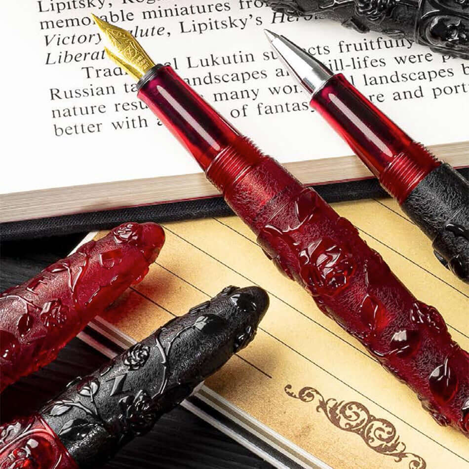 Benu Skull & Roses Fountain Pen Red Rose by Benu at Cult Pens