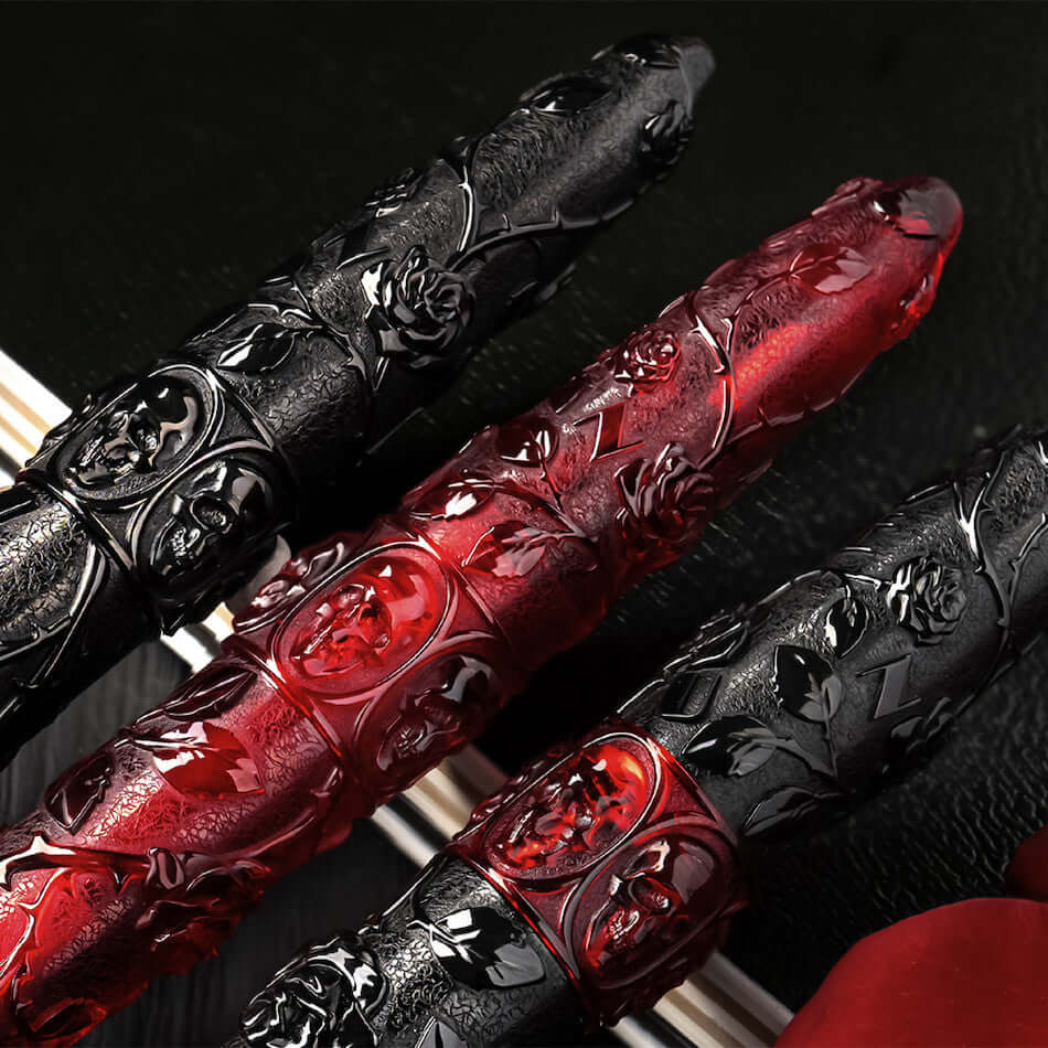 Benu Skull & Roses Fountain Pen Red Rose by Benu at Cult Pens