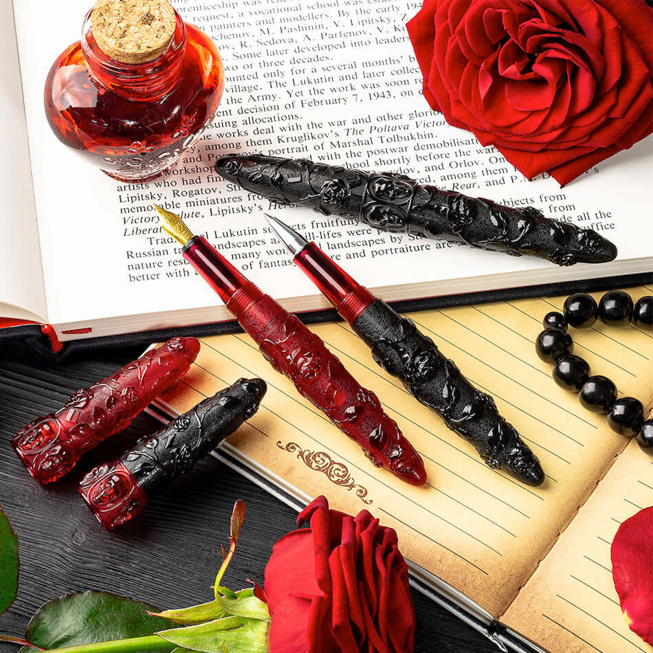 Benu Skull & Roses Rollerball Pen Red Rose by Benu at Cult Pens