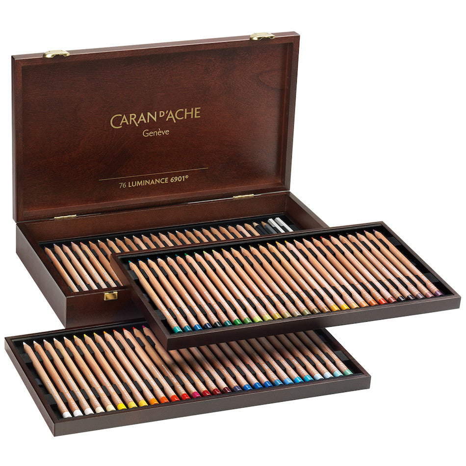 Caran d'Ache Luminance 6901 Wooden Box of 76 Assorted Coloured Pencils, 2 Blenders + 2 Grafwood Pencils by Caran d'Ache at Cult Pens