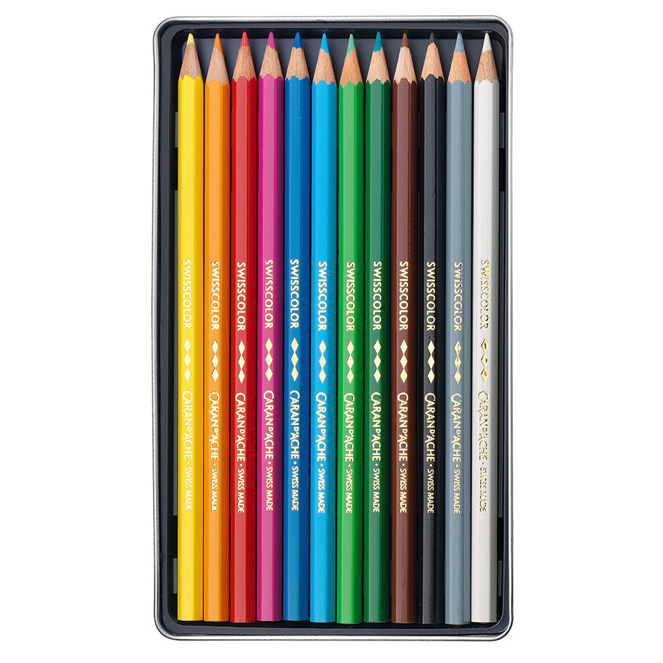 Caran d'Ache Swisscolor Water-Resistant Colouring Pencils Metal Box of 12 by Caran d'Ache at Cult Pens