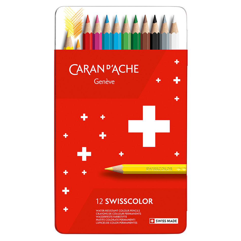 Caran d'Ache Swisscolor Water-Resistant Colouring Pencils Metal Box of 12 by Caran d'Ache at Cult Pens