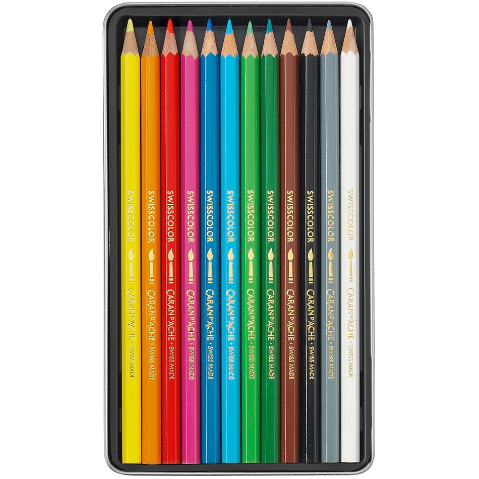 Caran d'Ache Swisscolor Water-Soluble Colouring Pencils Metal Box of 12 by Caran d'Ache at Cult Pens