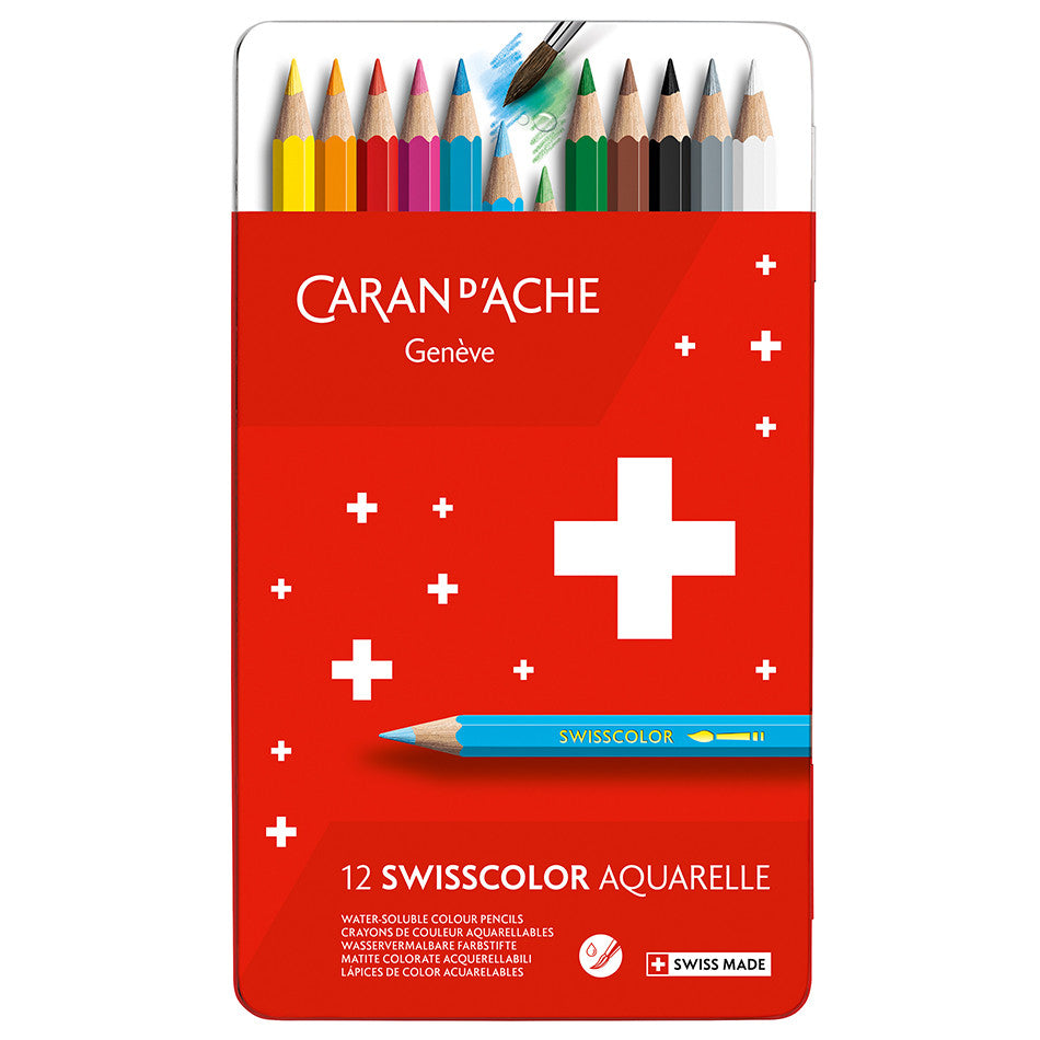 Caran d'Ache Swisscolor Water-Soluble Colouring Pencils Metal Box of 12 by Caran d'Ache at Cult Pens