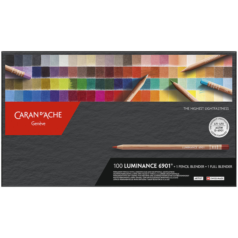 Caran d'Ache Luminance 6901 Professional Permanent Colour Pencil Box of 100 Assorted Coloured Pencils, 1 Pencil Blender + 1 Full Blender by Caran d'Ache at Cult Pens