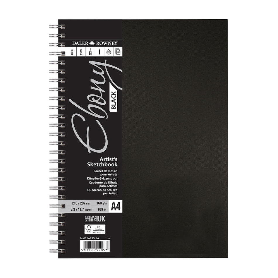 Daler-Rowney Ebony Wirebound Sketchbook A4 Portrait Black Paper by Daler-Rowney at Cult Pens