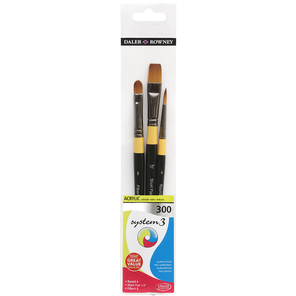 Daler-Rowney System3 Acrylic Short Handle Brush 300 Wallet of 3 by Daler-Rowney at Cult Pens