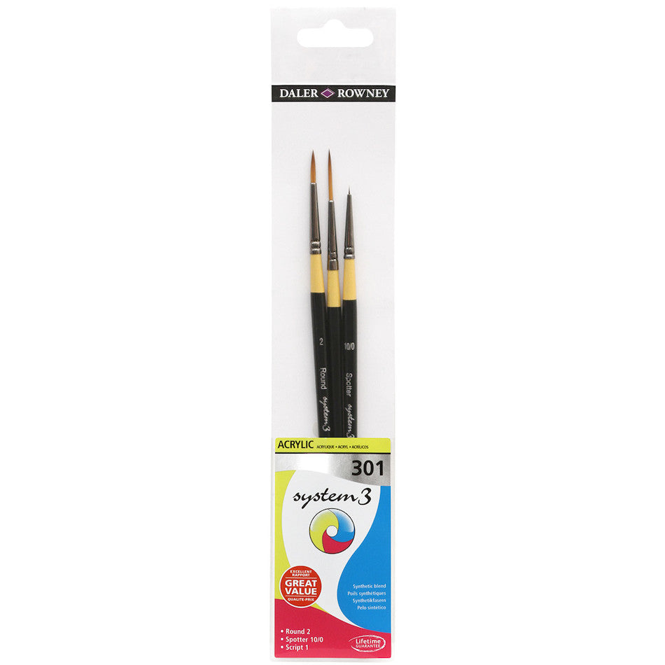 Daler-Rowney System3 Acrylic Short Handle Brush 301 Wallet of 3 by Daler-Rowney at Cult Pens