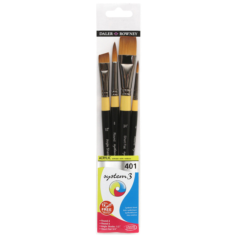 Daler-Rowney System3 Acrylic Short Handle Brush 401 Set of 4 by Daler-Rowney at Cult Pens