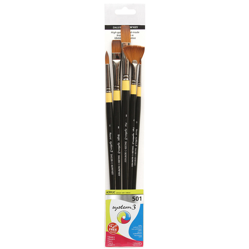 Daler-Rowney System3 Acrylic Long Handle Brush 501 Wallet of 5 by Daler-Rowney at Cult Pens