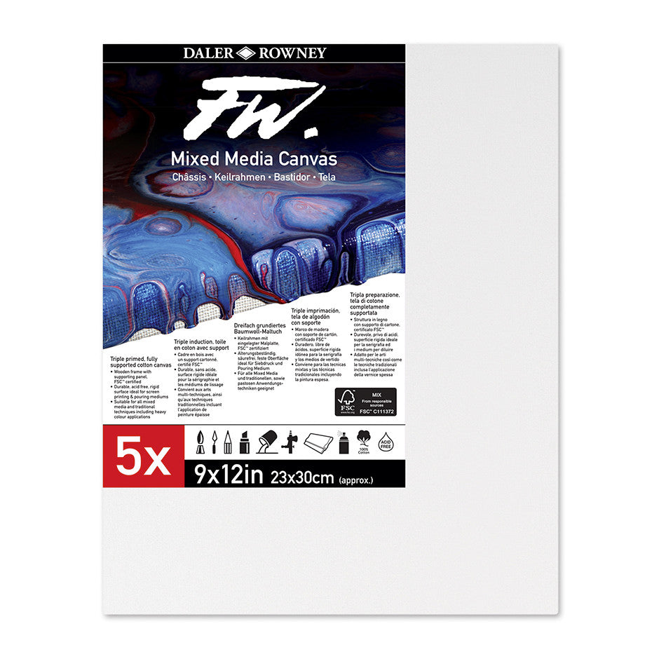 Daler-Rowney FW Mixed Media Canvas 9x12in Pack of 5 by Daler-Rowney at Cult Pens