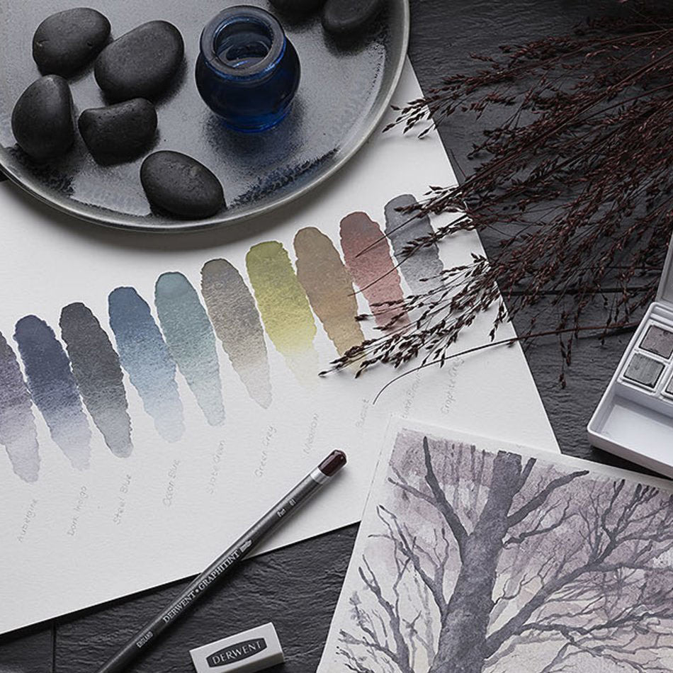 Derwent Graphitint Palette 12 Couleurs Peinture Voyage - Pinceau Waterbrush Et Éponge Inclus