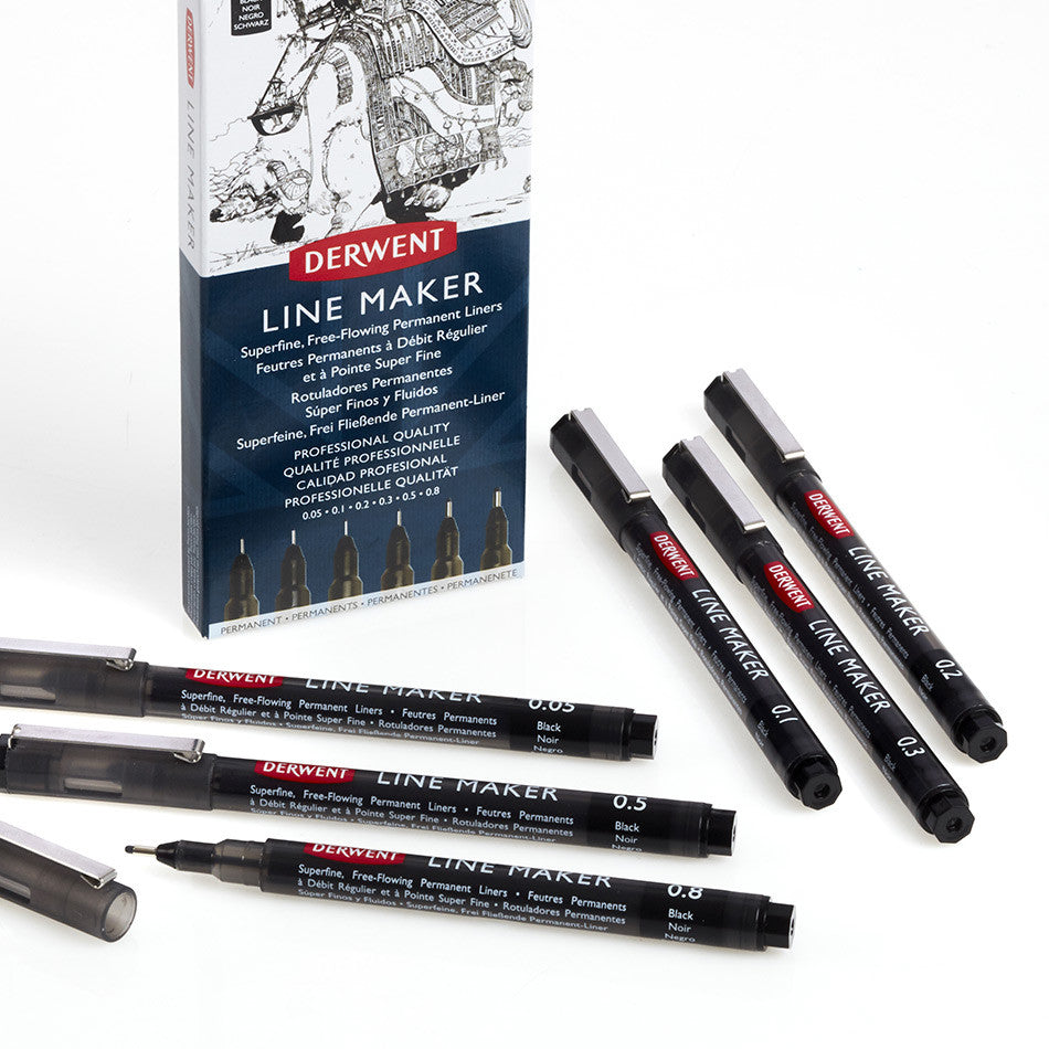 Derwent Line Maker Drawing Pen Black Set of 6 by Derwent at Cult Pens