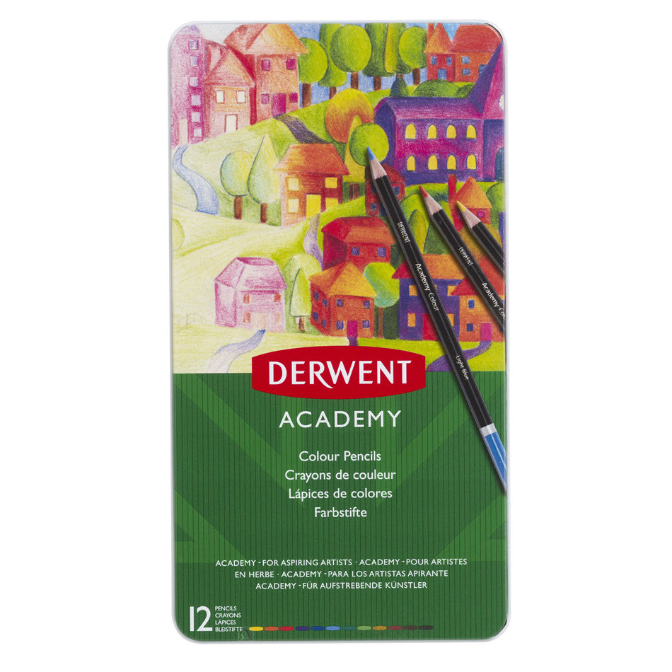 Derwent Academy Colouring Pencils Tin of 12 Assorted by Derwent at Cult Pens