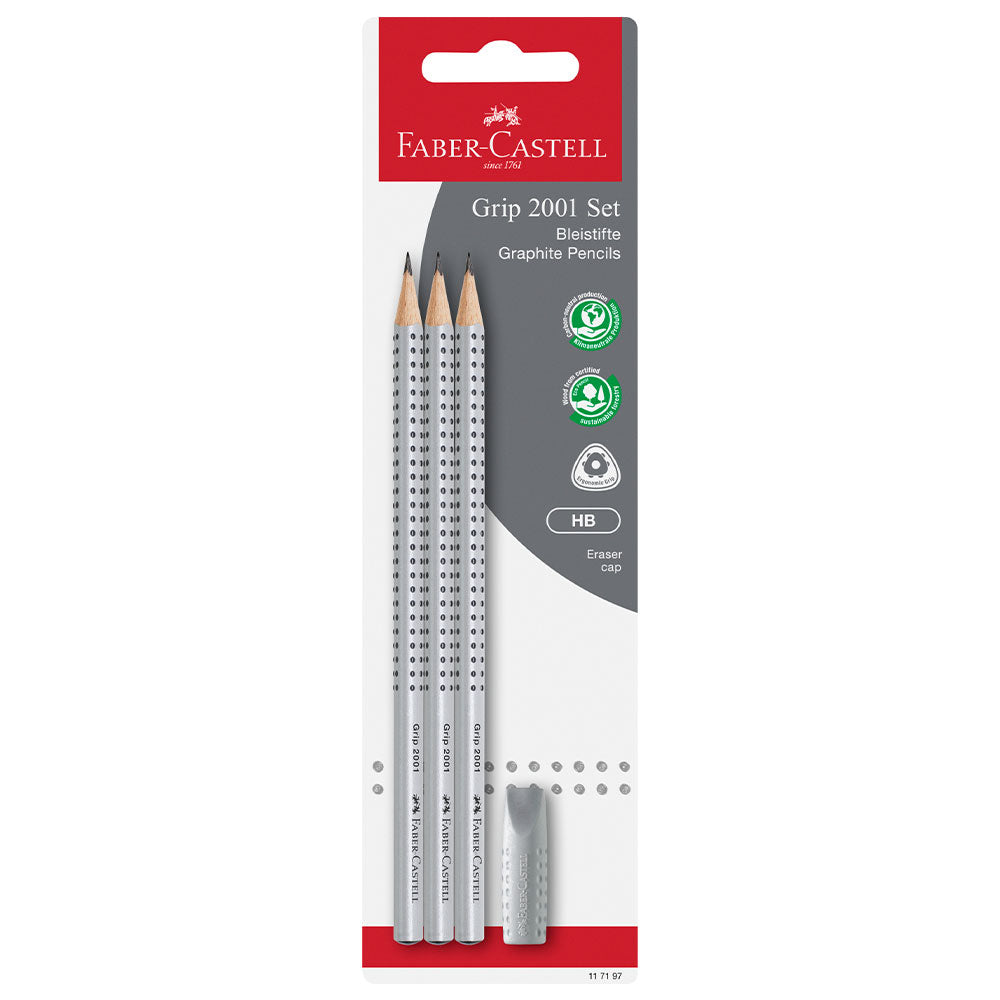 Faber-Castell Grip 2001 Graphite pencil Set of 3 HB + Eraser by Faber-Castell at Cult Pens