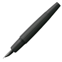 A short, barrel-shaped fountain pen with a chrome cap and a dark body.