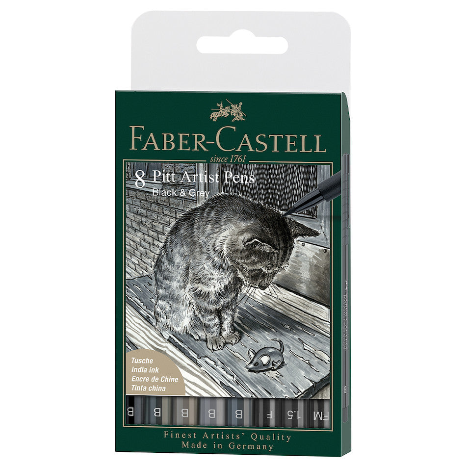 Faber-Castell Pitt Artist Pen Brush Wallet of 8 Black/Grey by Faber-Castell at Cult Pens