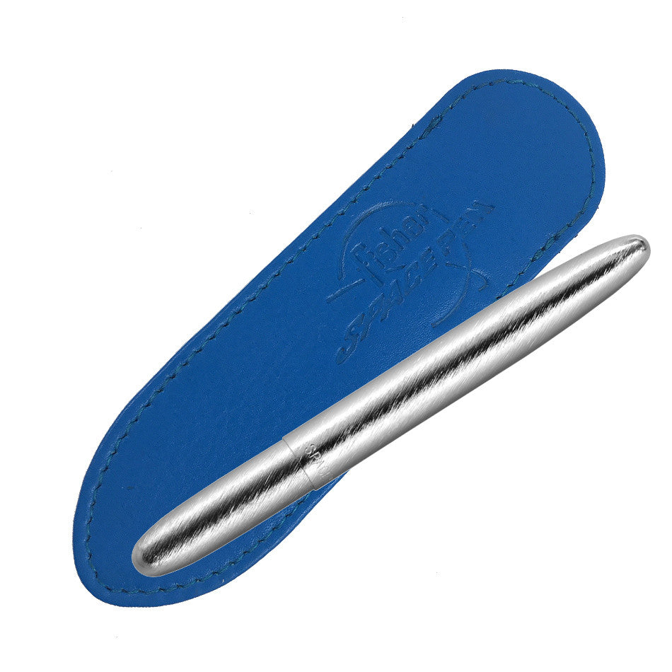 Fisher Space Pen Bullet Pressurised Ballpoint Pen Brushed Chrome with Sky Blue Leather Case by Fisher Space Pen at Cult Pens