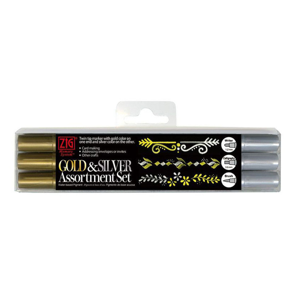 Kuretake Zig Memory Twin Tipped Marker Pen Gold and Silver Set of 3 by Kuretake at Cult Pens