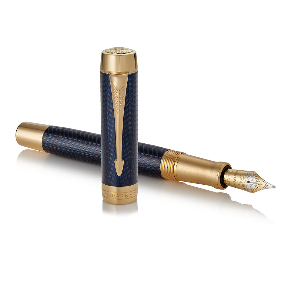 Parker Duofold Prestige Fountain Pen Blue Chevron Gold Trim by Parker at Cult Pens