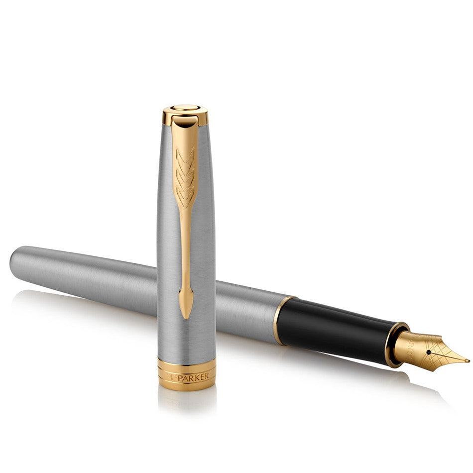 Parker Sonnet Fountain Pen Brushed Steel Gold Trim by Parker at Cult Pens