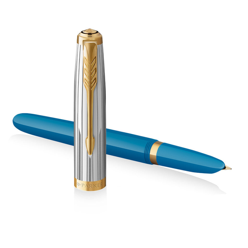 Parker 51 Fountain Pen Turquoise with Gold Trim by Parker at Cult Pens