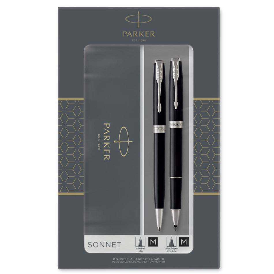 Parker Sonnet Ballpoint & Rollerball Duo Gift Set Black with Chrome Trim by Parker at Cult Pens